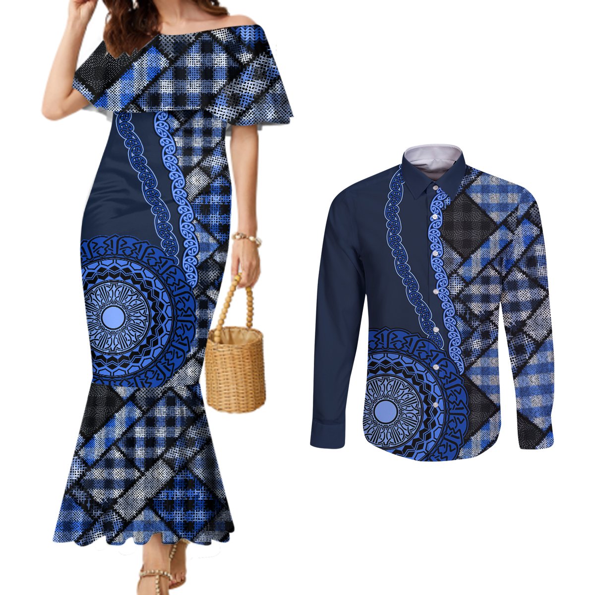 New Zealand Aotearoa Couples Matching Mermaid Dress and Long Sleeve Button Shirt Maori Harakeke Weaving Pattern Blue LT05 Blue - Polynesian Pride