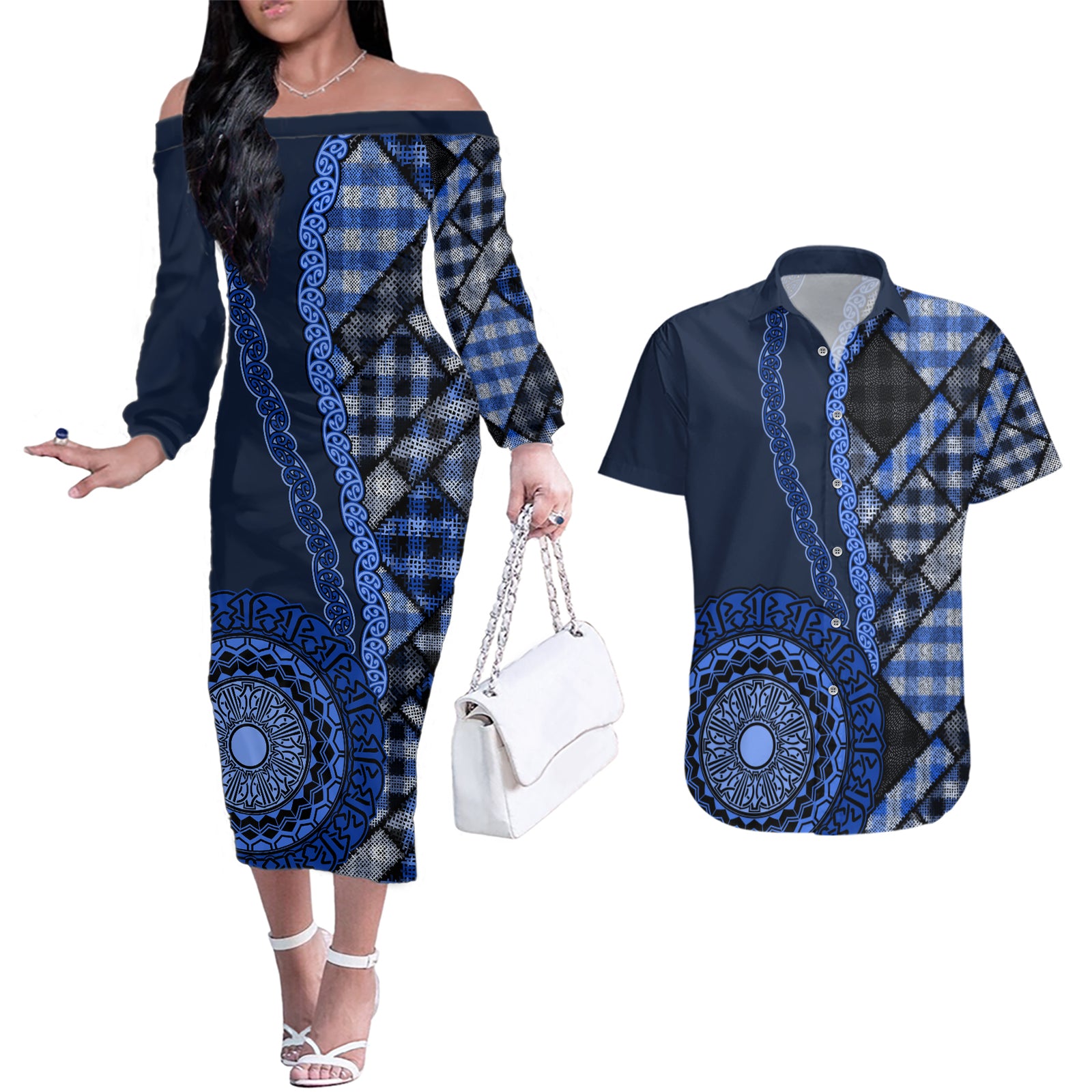 New Zealand Aotearoa Couples Matching Off The Shoulder Long Sleeve Dress and Hawaiian Shirt Maori Harakeke Weaving Pattern Blue LT05 Blue - Polynesian Pride