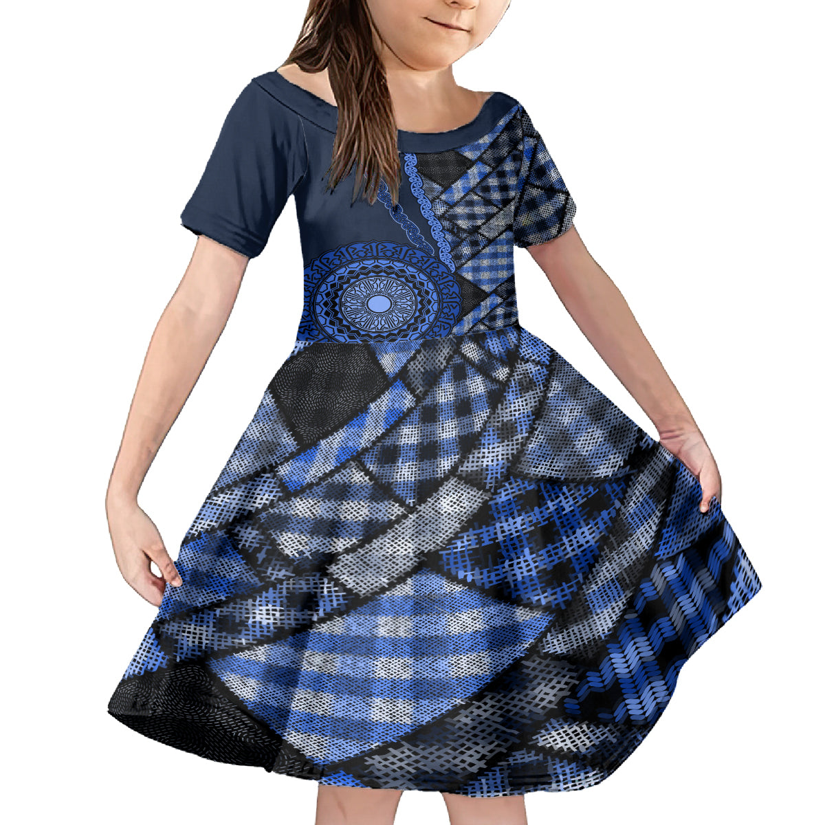New Zealand Aotearoa Family Matching Long Sleeve Bodycon Dress and Hawaiian Shirt Maori Harakeke Weaving Pattern Blue LT05 Daughter's Dress Blue - Polynesian Pride