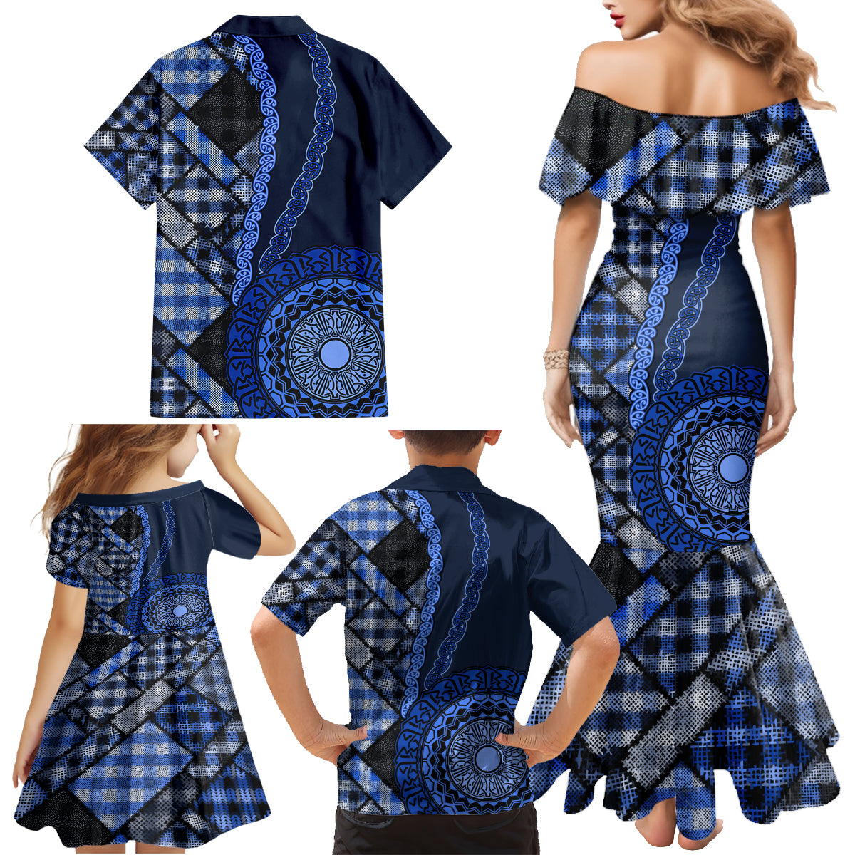 New Zealand Aotearoa Family Matching Mermaid Dress and Hawaiian Shirt Maori Harakeke Weaving Pattern Blue LT05 - Polynesian Pride