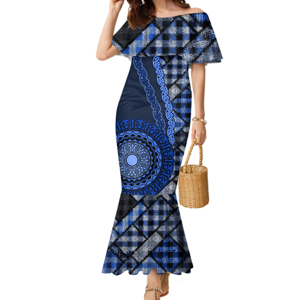 New Zealand Aotearoa Family Matching Mermaid Dress and Hawaiian Shirt Maori Harakeke Weaving Pattern Blue LT05 Mom's Dress Blue - Polynesian Pride