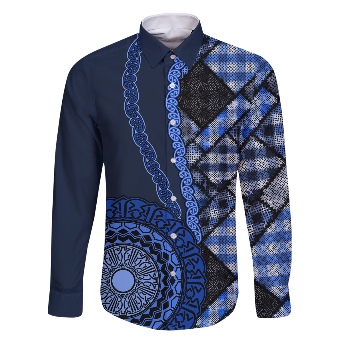 New Zealand Aotearoa Family Matching Off Shoulder Short Dress and Hawaiian Shirt Maori Harakeke Weaving Pattern Blue LT05 Dad's Shirt - Long Sleeve Blue - Polynesian Pride