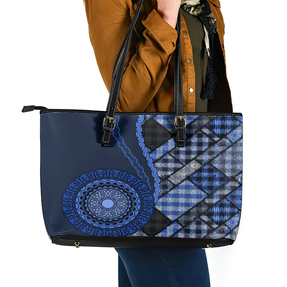 New Zealand Aotearoa Leather Tote Bag Maori Harakeke Weaving Pattern Blue LT05 - Polynesian Pride