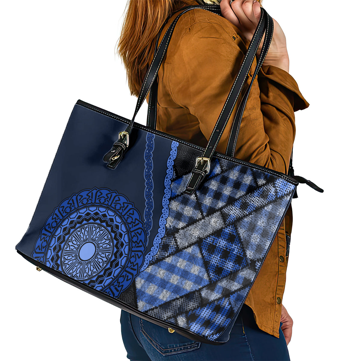 New Zealand Aotearoa Leather Tote Bag Maori Harakeke Weaving Pattern Blue LT05 - Polynesian Pride