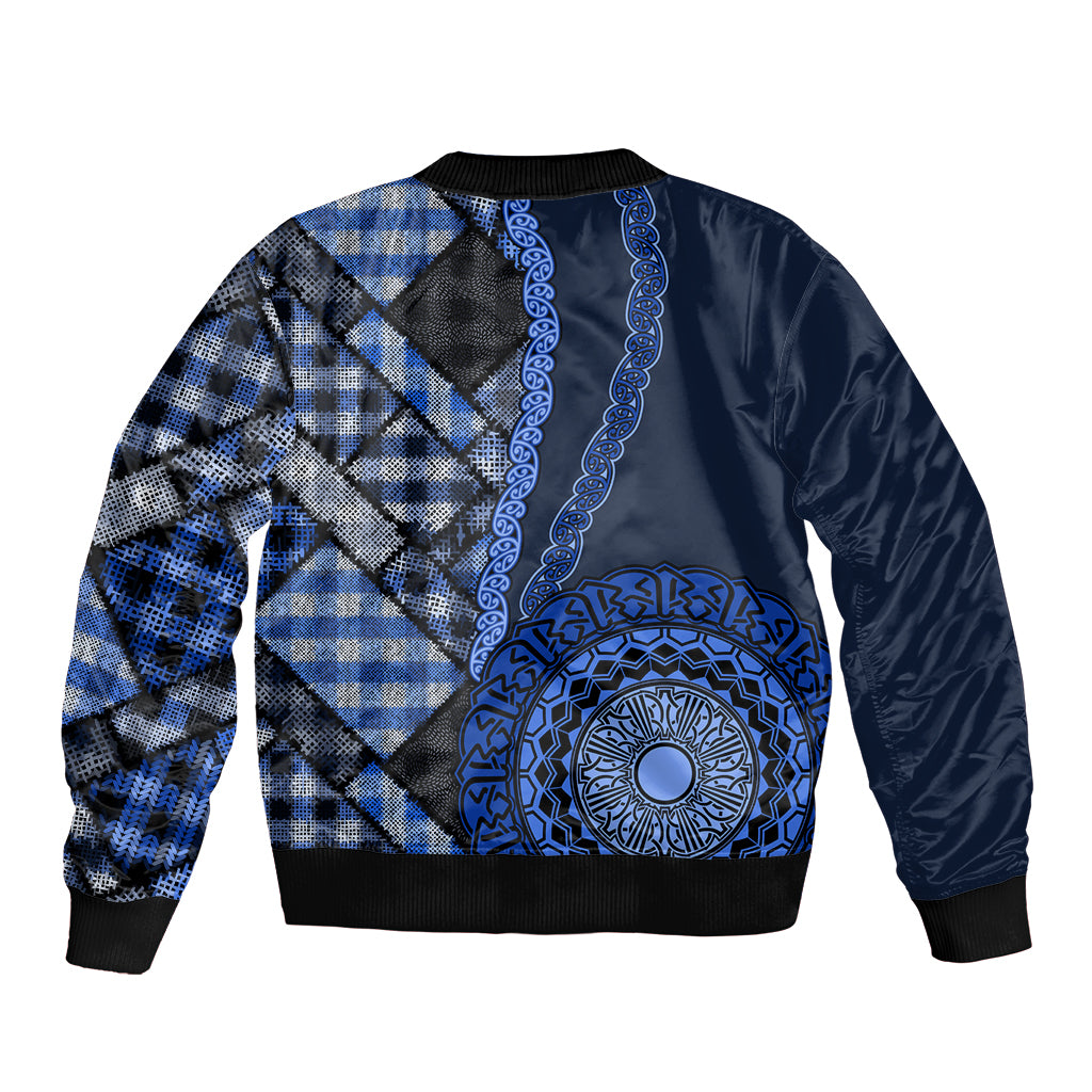 New Zealand Aotearoa Sleeve Zip Bomber Jacket Maori Harakeke Weaving Pattern Blue LT05 - Polynesian Pride