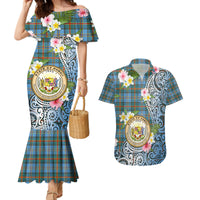 Personalised Hawaii State Couples Matching Mermaid Dress and Hawaiian Shirt Tropical Flowers With Tartan Pattern LT05 Blue - Polynesian Pride