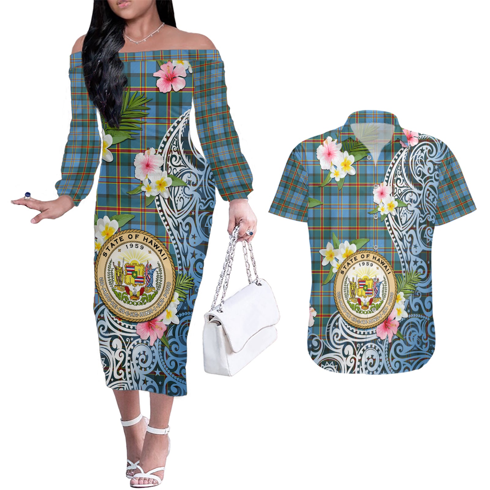Personalised Hawaii State Couples Matching Off The Shoulder Long Sleeve Dress and Hawaiian Shirt Tropical Flowers With Tartan Pattern LT05 Blue - Polynesian Pride