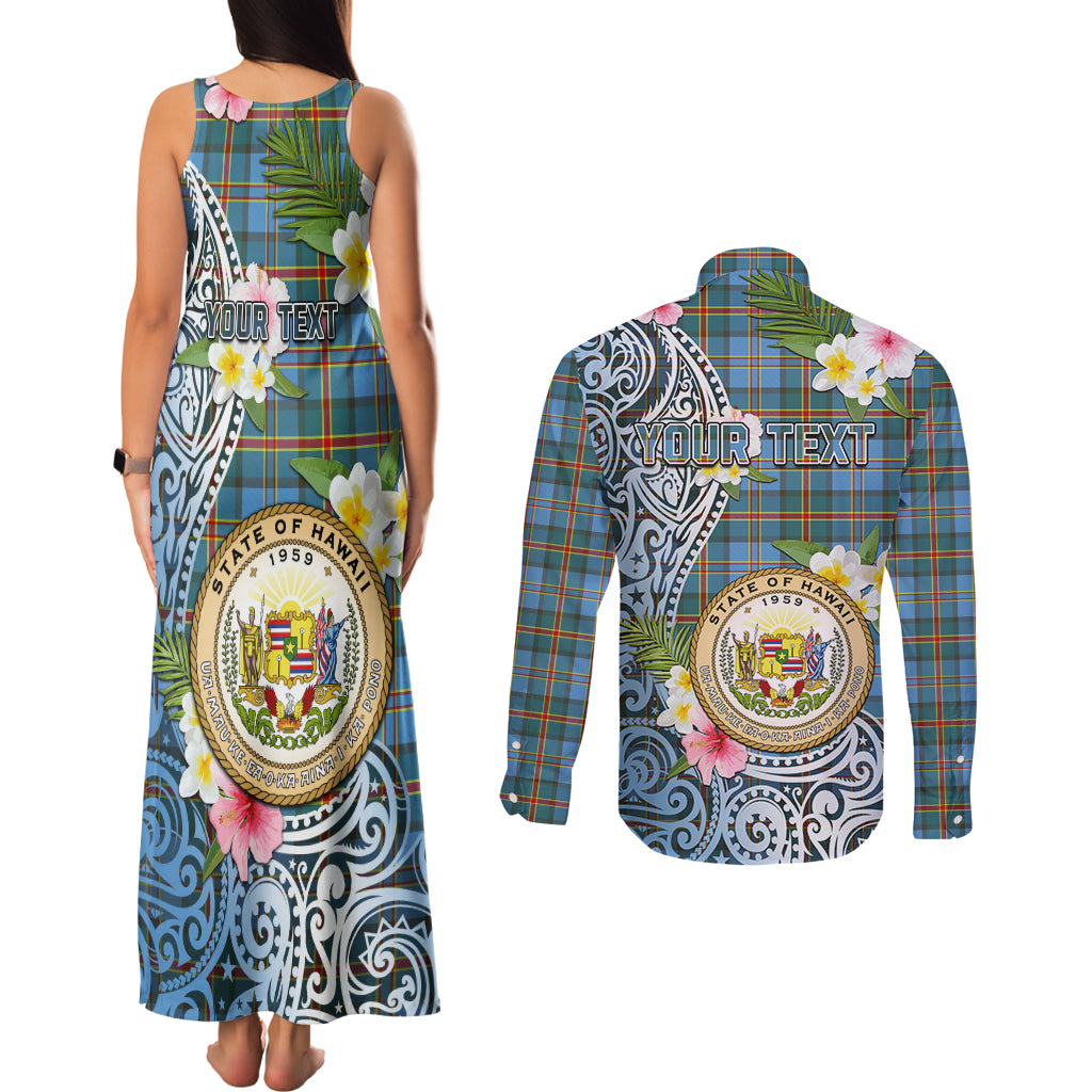 Personalised Hawaii State Couples Matching Tank Maxi Dress and Long Sleeve Button Shirt Tropical Flowers With Tartan Pattern LT05 - Polynesian Pride