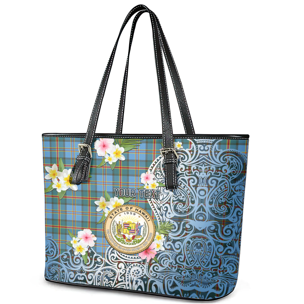 Hawaii State Leather Tote Bag Tropical Flowers With Tartan Pattern LT05 - Polynesian Pride