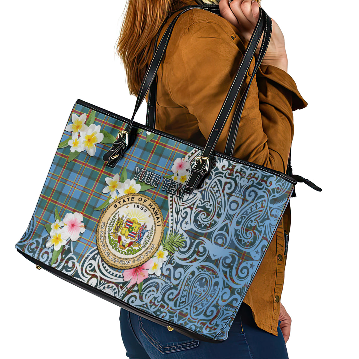 Hawaii State Leather Tote Bag Tropical Flowers With Tartan Pattern LT05 - Polynesian Pride