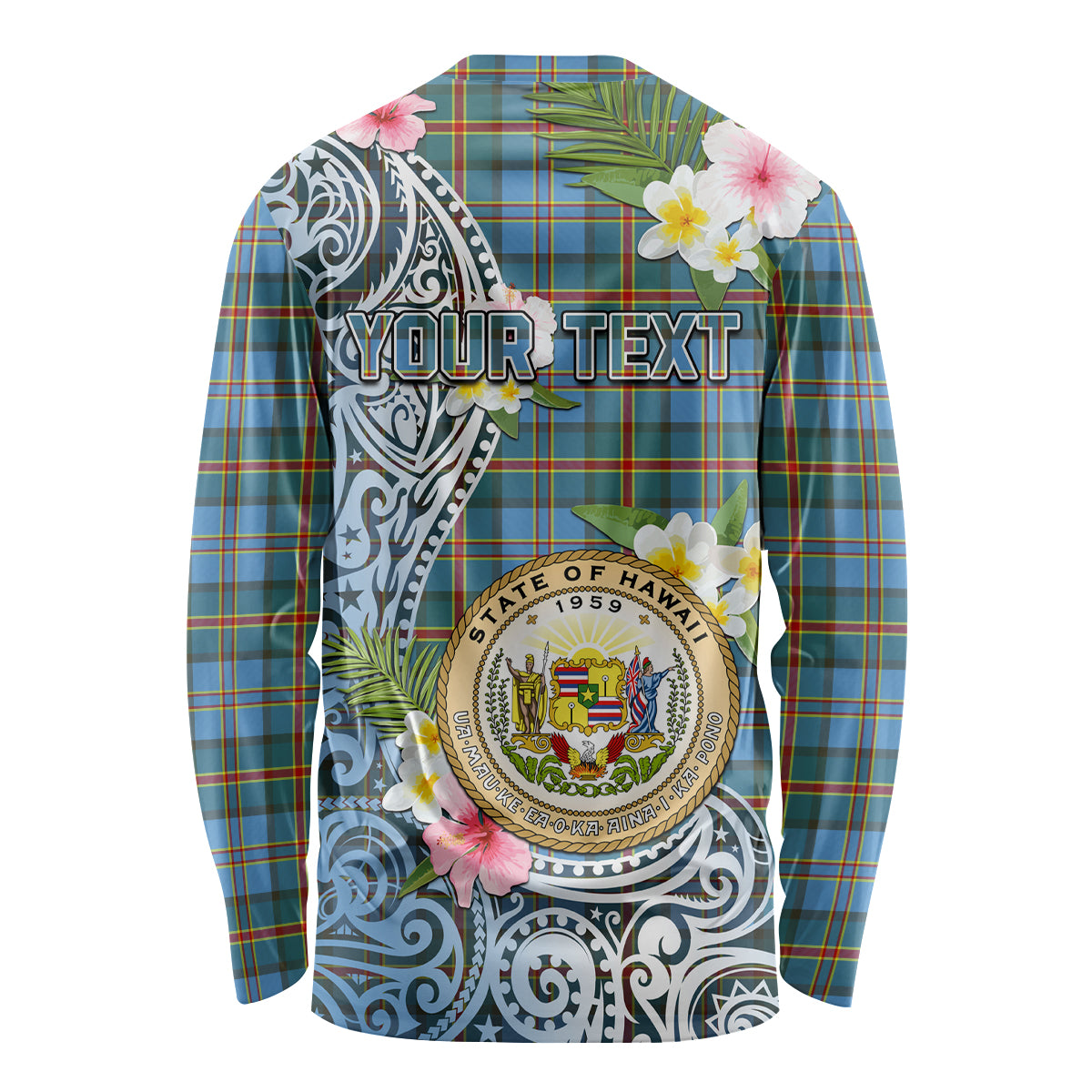 Personalised Hawaii State Long Sleeve Shirt Tropical Flowers With Tartan Pattern LT05 - Polynesian Pride