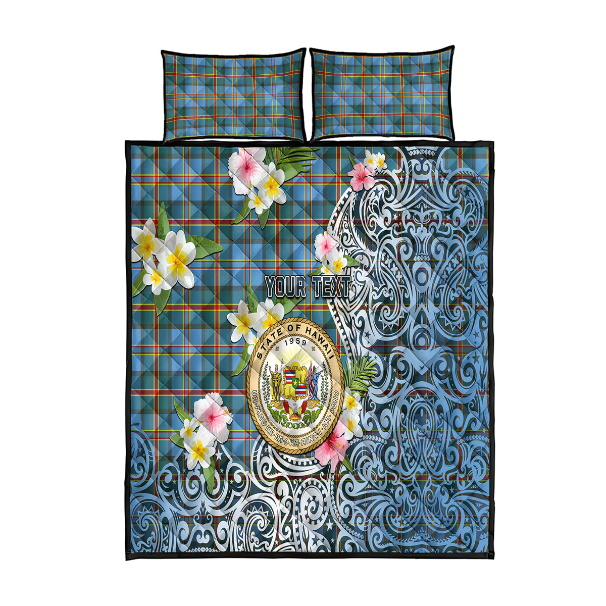 Hawaii State Quilt Bed Set Tropical Flowers With Tartan Pattern LT05 Blue - Polynesian Pride