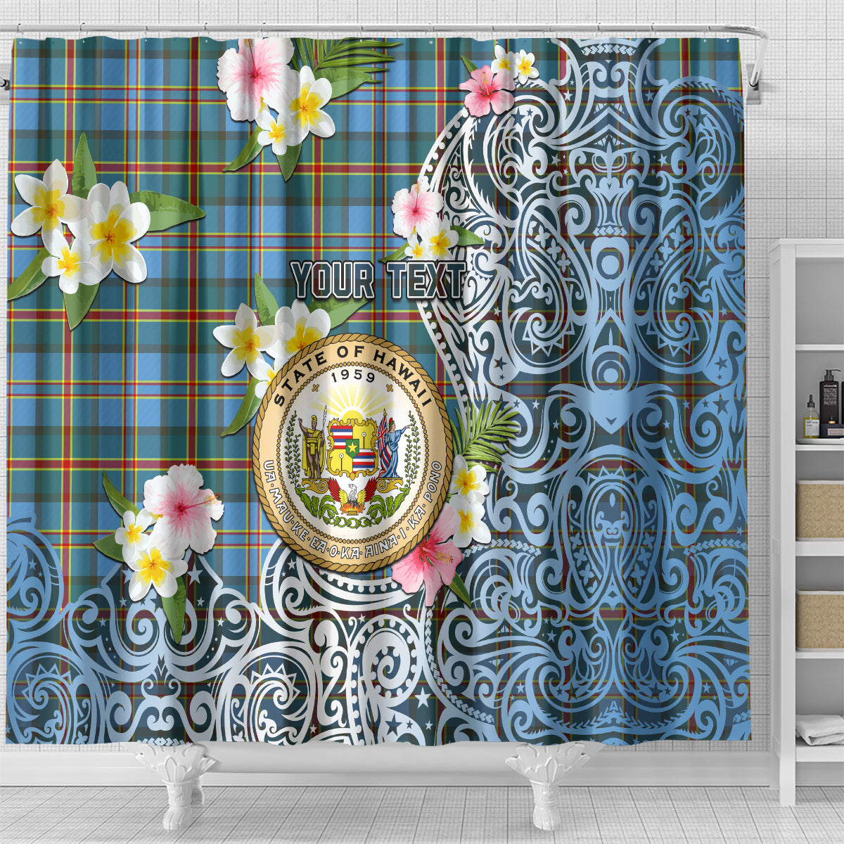 Hawaii State Shower Curtain Tropical Flowers With Tartan Pattern LT05 - Polynesian Pride