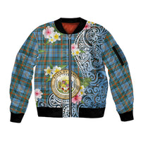 Personalised Hawaii State Sleeve Zip Bomber Jacket Tropical Flowers With Tartan Pattern LT05 Unisex Blue - Polynesian Pride