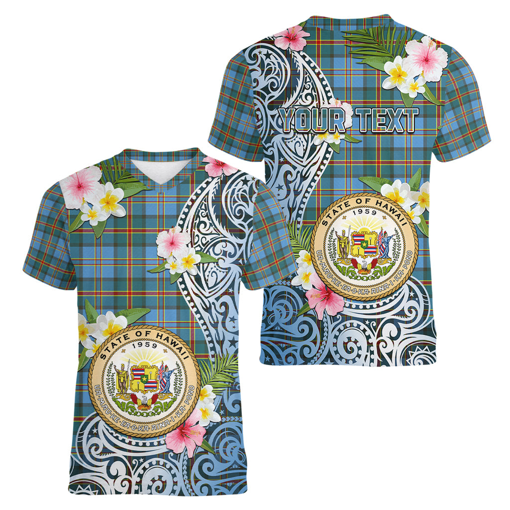 Personalised Hawaii State Women V Neck T Shirt Tropical Flowers With Tartan Pattern LT05 - Polynesian Pride