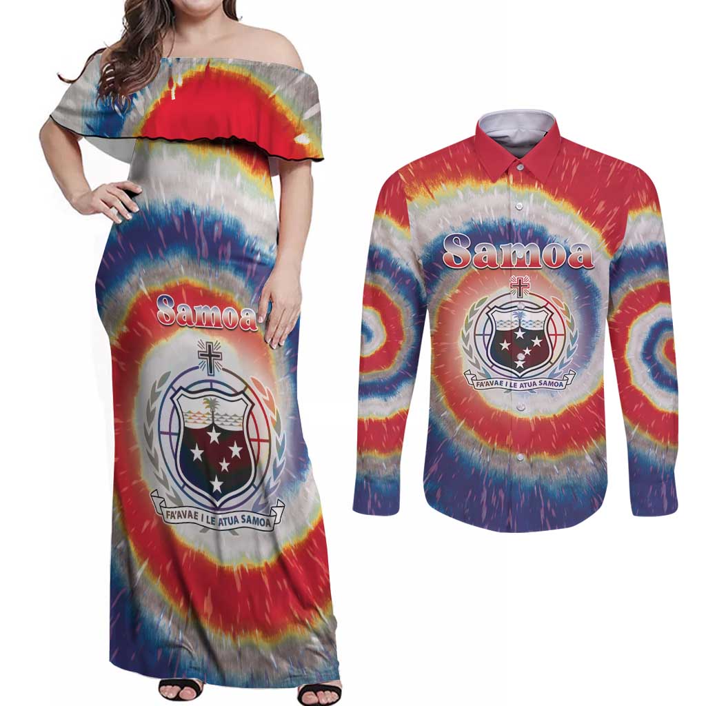 Samoa Couples Matching Off Shoulder Maxi Dress and Long Sleeve Button Shirt Tie Dye Unique Style