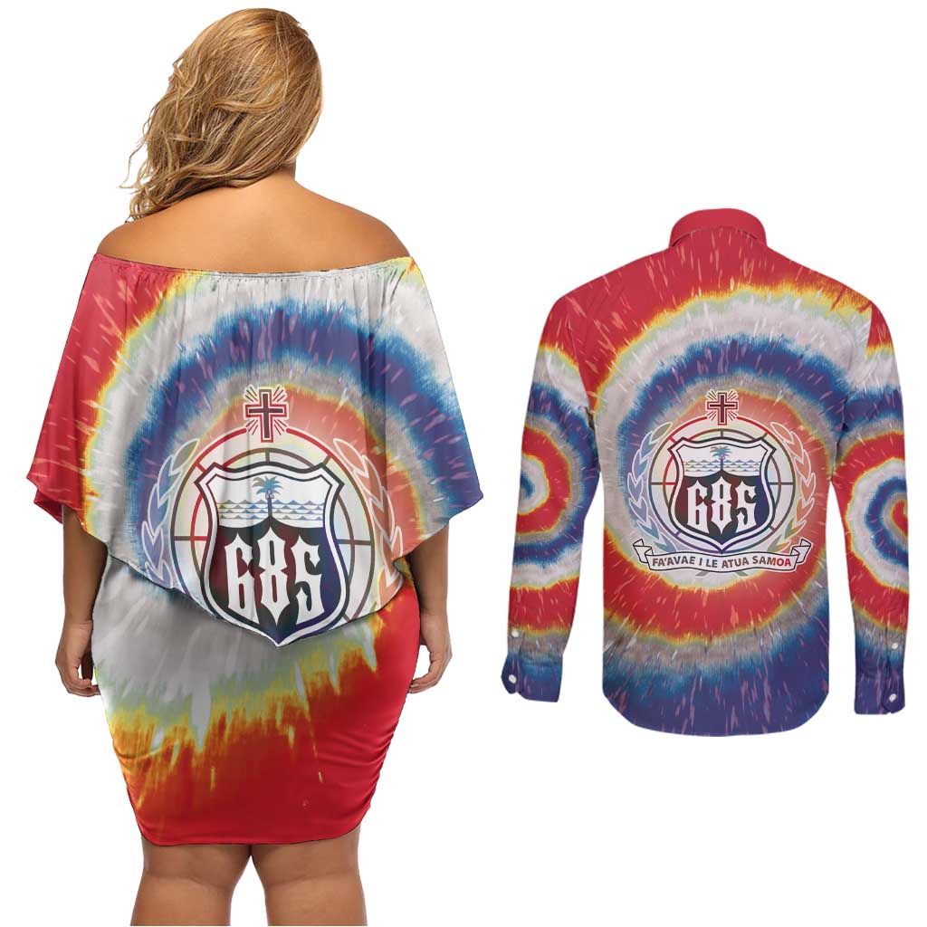 Samoa Couples Matching Off Shoulder Short Dress and Long Sleeve Button Shirt Tie Dye Unique Style