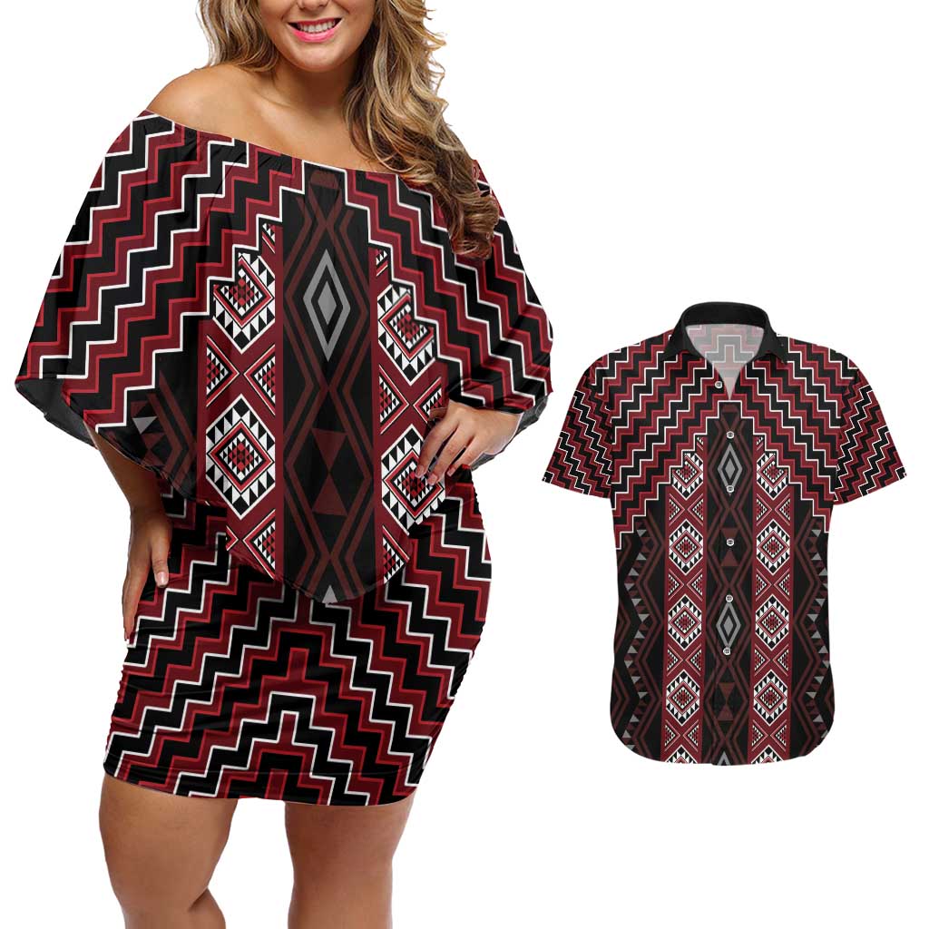 New Zealand Aotearoa Couples Matching Off Shoulder Short Dress and Hawaiian Shirt Red Poutama With Taniko Pattern LT05
