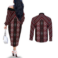 New Zealand Aotearoa Couples Matching Off The Shoulder Long Sleeve Dress and Long Sleeve Button Shirt Red Poutama With Taniko Pattern LT05