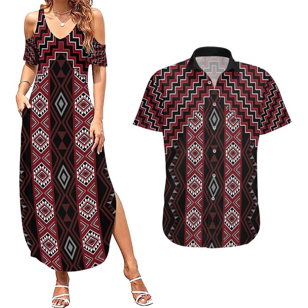 New Zealand Aotearoa Couples Matching Summer Maxi Dress and Hawaiian Shirt Red Poutama With Taniko Pattern LT05