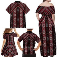 New Zealand Aotearoa Family Matching Off Shoulder Maxi Dress and Hawaiian Shirt Red Poutama With Taniko Pattern LT05