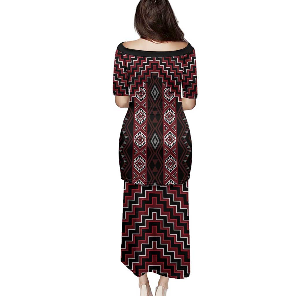 New Zealand Aotearoa Family Matching Puletasi and Hawaiian Shirt Red Poutama With Taniko Pattern LT05