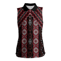 New Zealand Aotearoa Women Sleeveless Polo Shirt Red Poutama With Taniko Pattern LT05 Female Red - Polynesian Pride