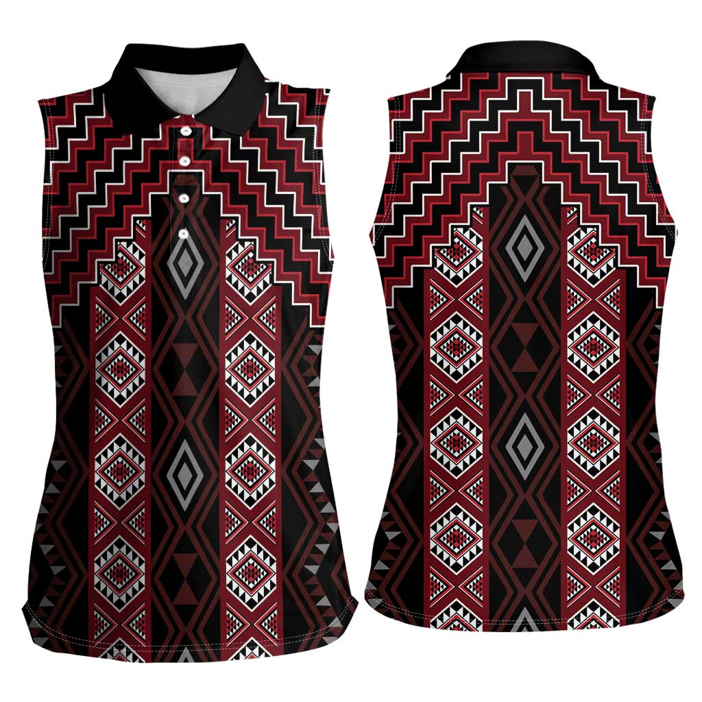 New Zealand Aotearoa Women Sleeveless Polo Shirt Red Poutama With Taniko Pattern LT05 - Polynesian Pride