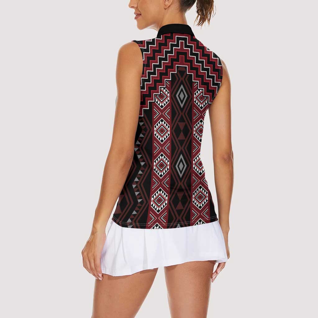 New Zealand Aotearoa Women Sleeveless Polo Shirt Red Poutama With Taniko Pattern LT05 - Polynesian Pride