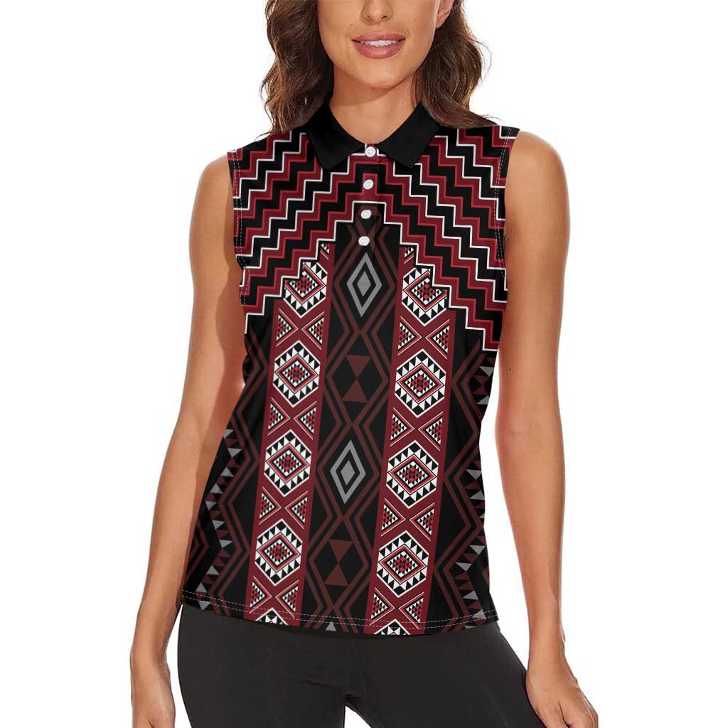 New Zealand Aotearoa Women Sleeveless Polo Shirt Red Poutama With Taniko Pattern LT05 - Polynesian Pride