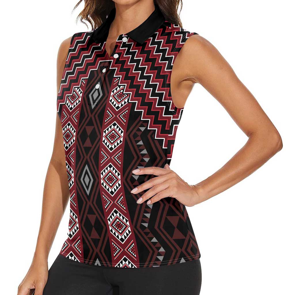 New Zealand Aotearoa Women Sleeveless Polo Shirt Red Poutama With Taniko Pattern LT05 - Polynesian Pride