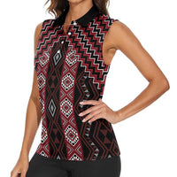 New Zealand Aotearoa Women Sleeveless Polo Shirt Red Poutama With Taniko Pattern LT05 - Polynesian Pride