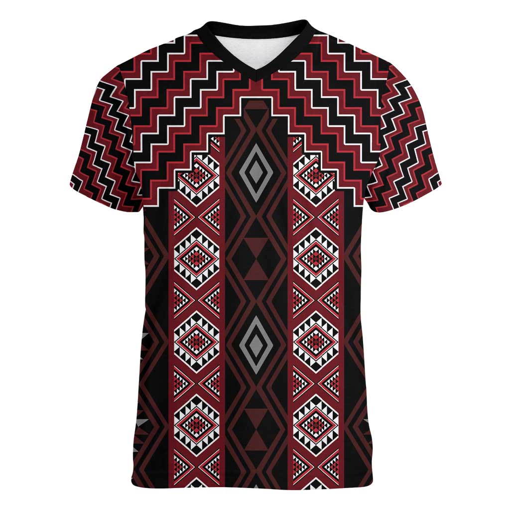 New Zealand Aotearoa Women V-Neck T-Shirt Red Poutama With Taniko Pattern LT05 Female Red - Polynesian Pride