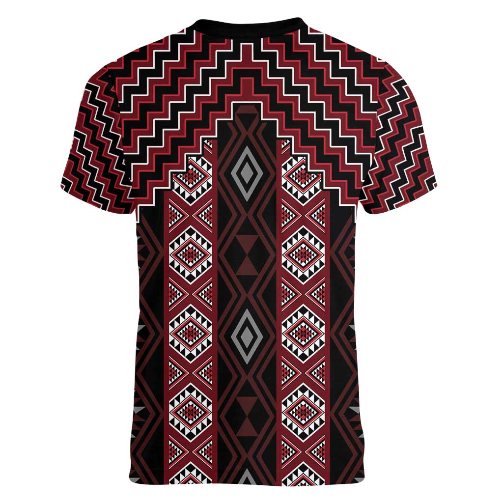 New Zealand Aotearoa Women V-Neck T-Shirt Red Poutama With Taniko Pattern LT05 - Polynesian Pride