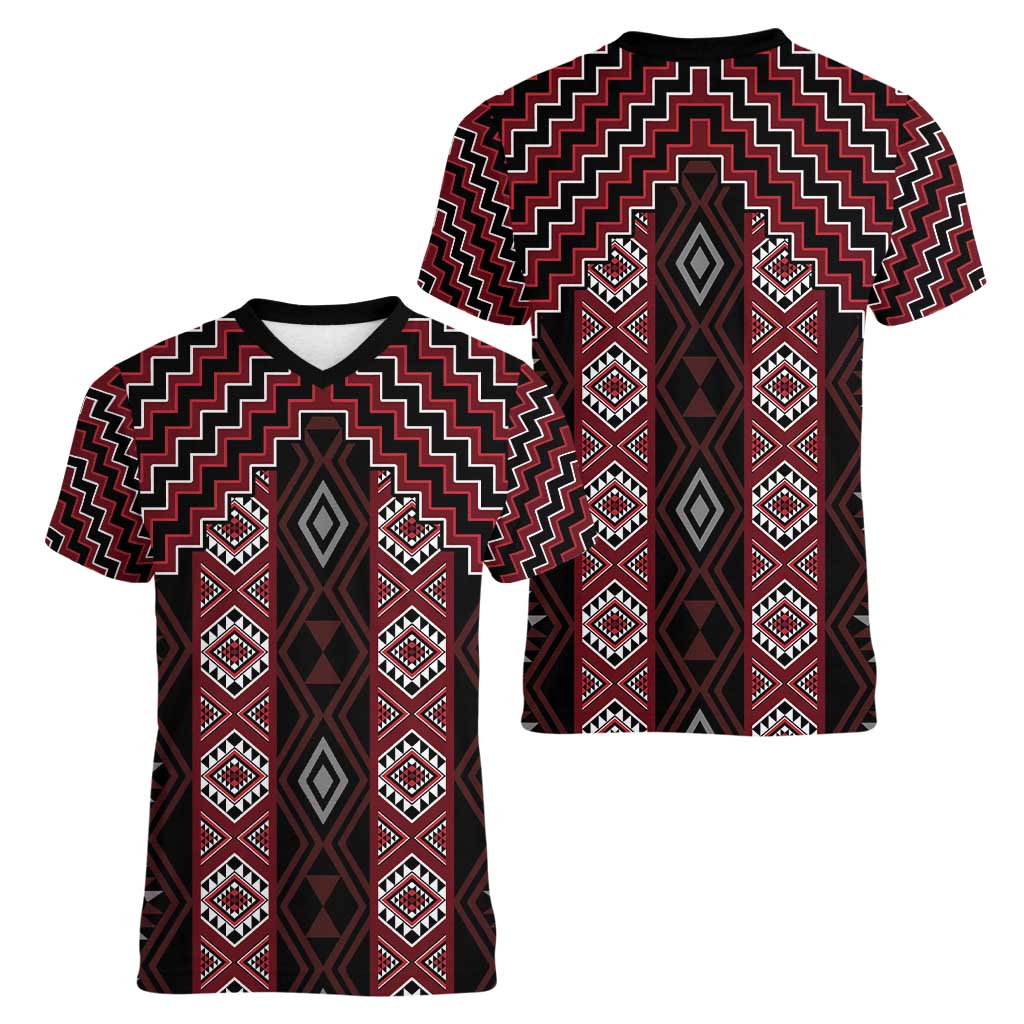 New Zealand Aotearoa Women V-Neck T-Shirt Red Poutama With Taniko Pattern LT05 - Polynesian Pride