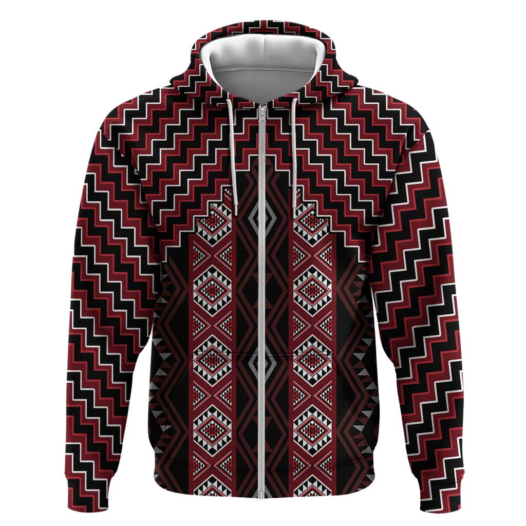 New Zealand Aotearoa Zip Hoodie Red Poutama With Taniko Pattern LT05