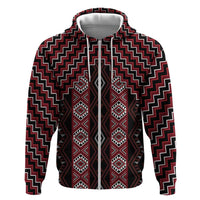 New Zealand Aotearoa Zip Hoodie Red Poutama With Taniko Pattern LT05