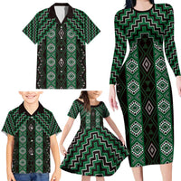 New Zealand Aotearoa Family Matching Long Sleeve Bodycon Dress and Hawaiian Shirt Green Poutama With Taniko Pattern LT05