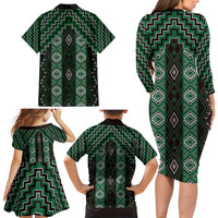 New Zealand Aotearoa Family Matching Long Sleeve Bodycon Dress and Hawaiian Shirt Green Poutama With Taniko Pattern LT05