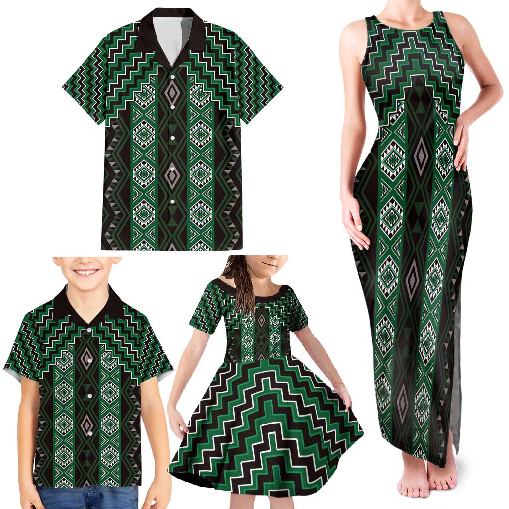 New Zealand Aotearoa Family Matching Tank Maxi Dress and Hawaiian Shirt Green Poutama With Taniko Pattern LT05