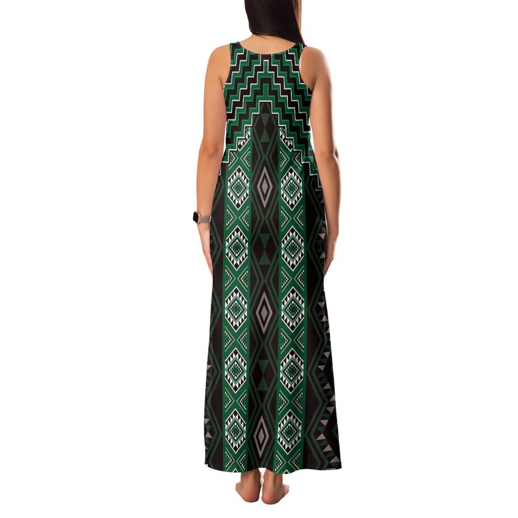 New Zealand Aotearoa Family Matching Tank Maxi Dress and Hawaiian Shirt Green Poutama With Taniko Pattern LT05