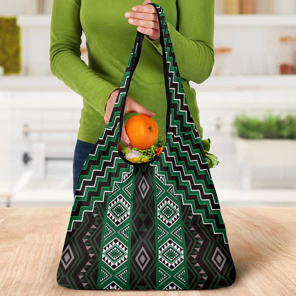New Zealand Aotearoa Grocery Bag Green Poutama With Taniko Pattern