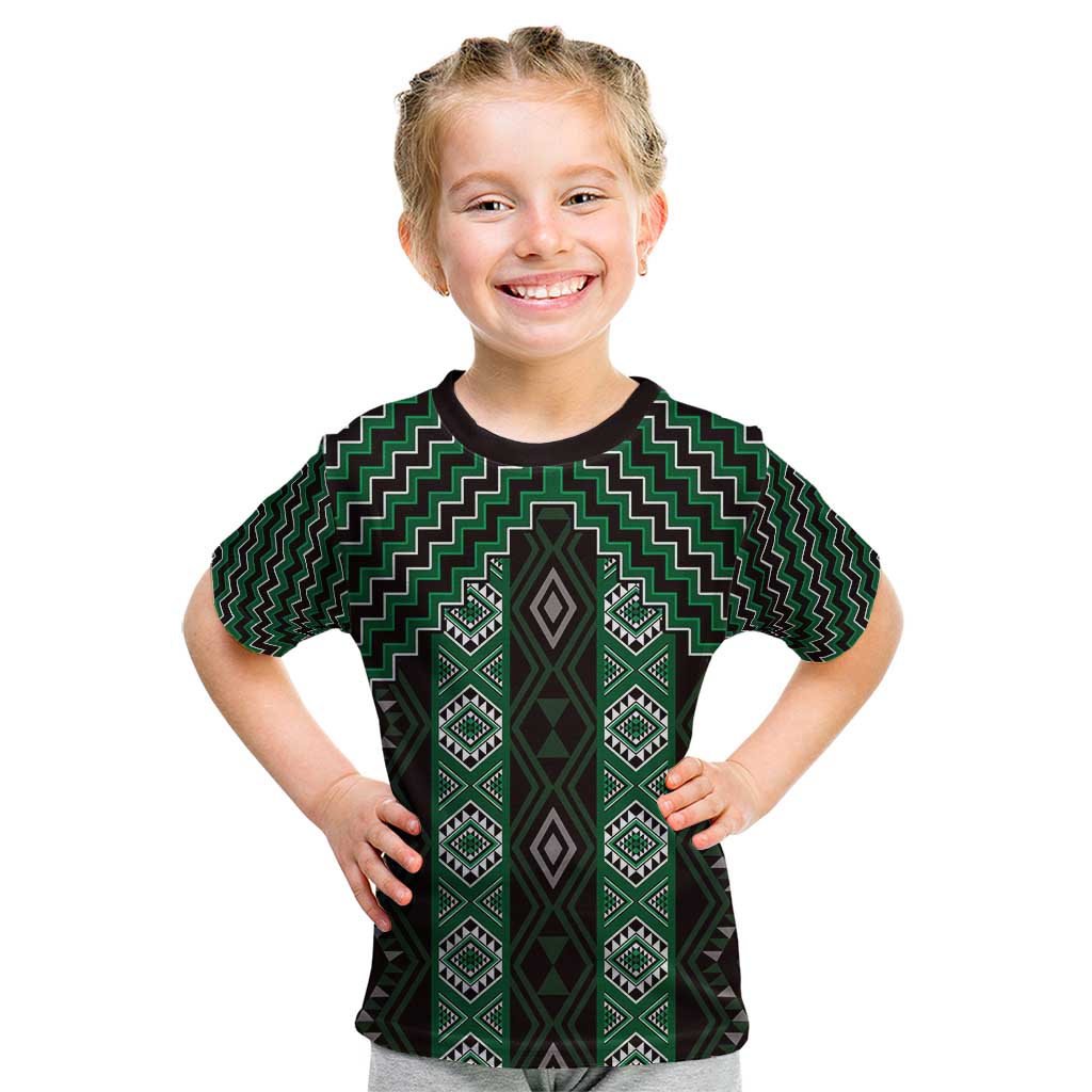 New Zealand Aotearoa Kid T Shirt Green Poutama With Taniko Pattern LT05
