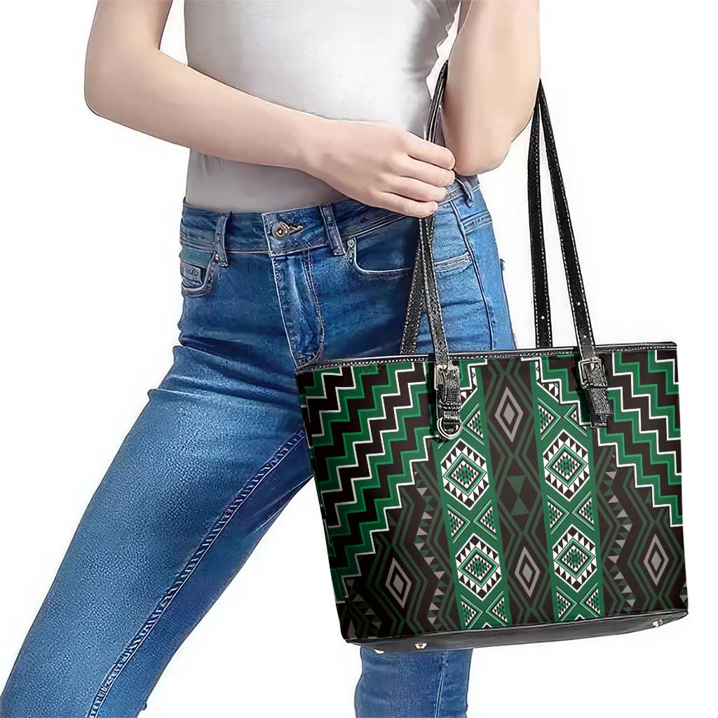 New Zealand Aotearoa Leather Tote Bag Green Poutama With Taniko Pattern LT05