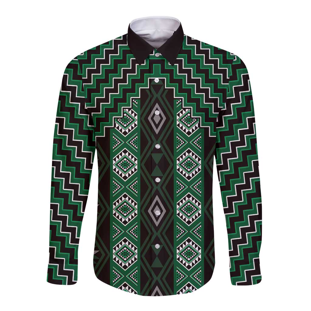 New Zealand Aotearoa Long Sleeve Button Shirt Green Poutama With Taniko Pattern LT05