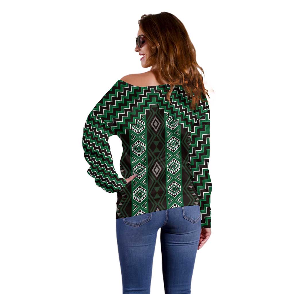 New Zealand Aotearoa Off Shoulder Sweater Green Poutama With Taniko Pattern LT05