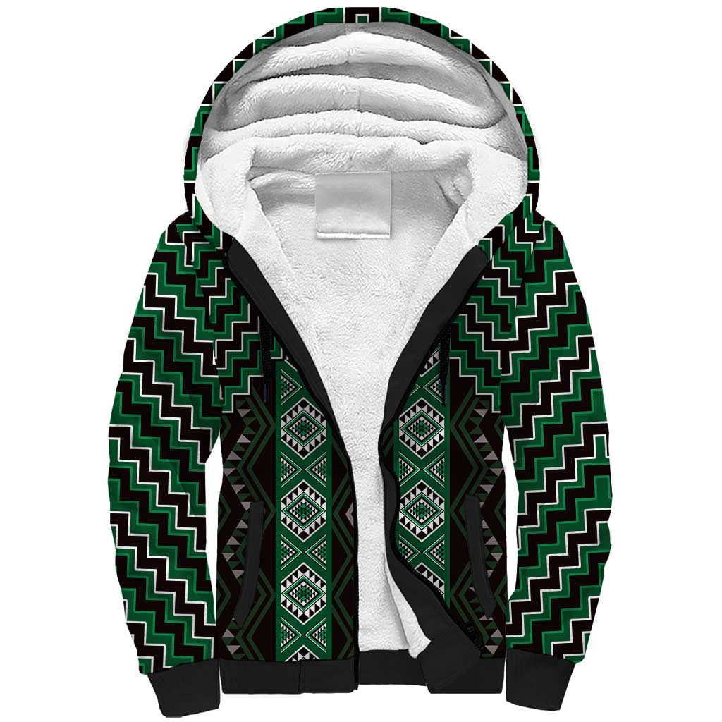 New Zealand Aotearoa Sherpa Hoodie Green Poutama With Taniko Pattern LT05