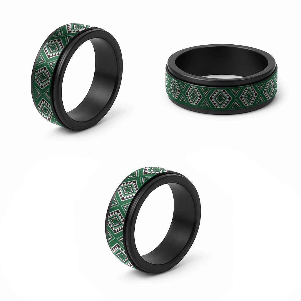 New Zealand Aotearoa Spinner Ring Green Poutama With Taniko Pattern - Polynesian Pride
