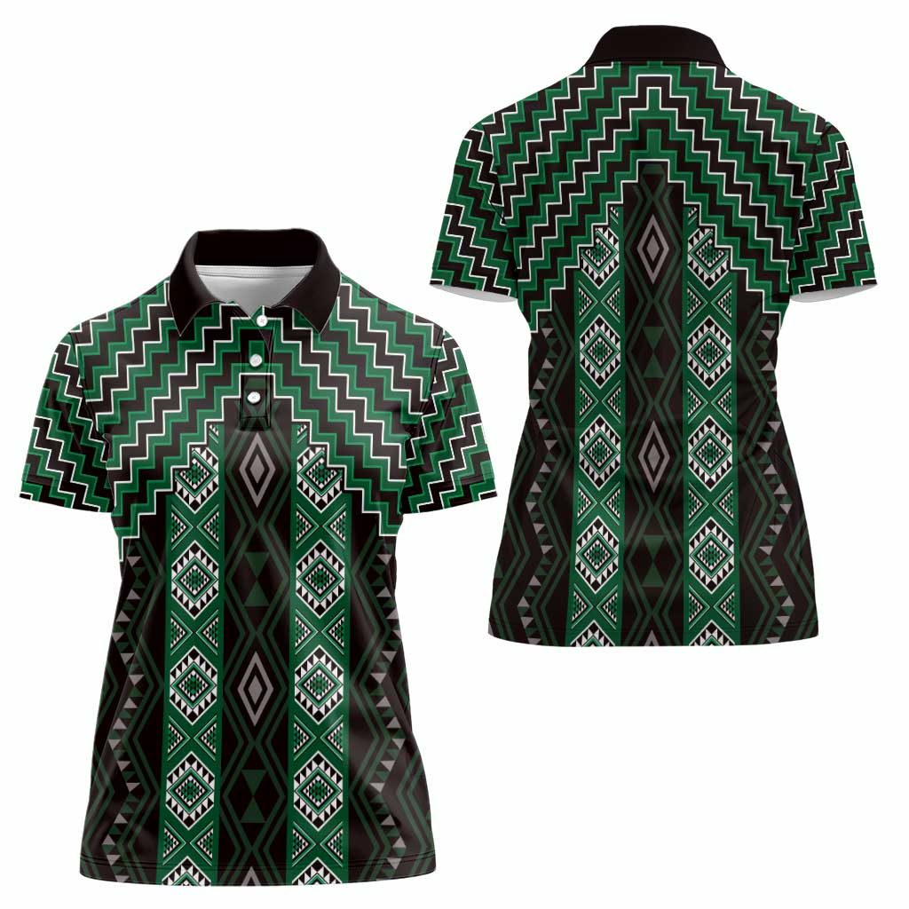 New Zealand Aotearoa Women Polo Shirt Green Poutama With Taniko Pattern LT05