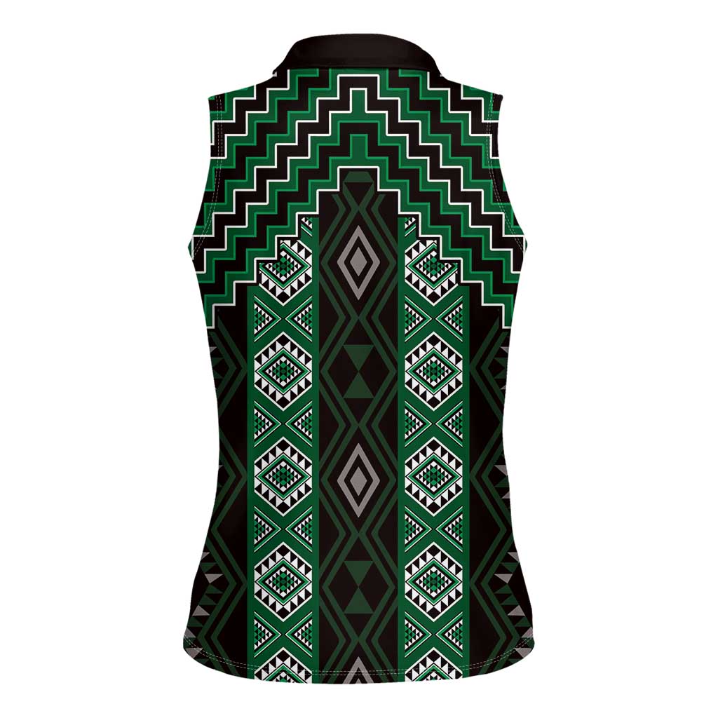 New Zealand Aotearoa Women Sleeveless Polo Shirt Green Poutama With Taniko Pattern LT05